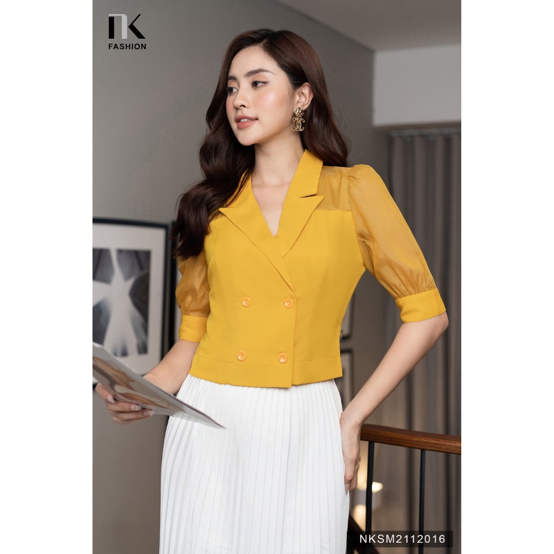 Áo Sơ Mi Nữ Công Sở Cổ Vest NK Fashion Tay Lỡ Giao Cúc Phối Tơ Ánh, Chất Liệu Nhập Hàn Mềm Mịn NKSM2112016