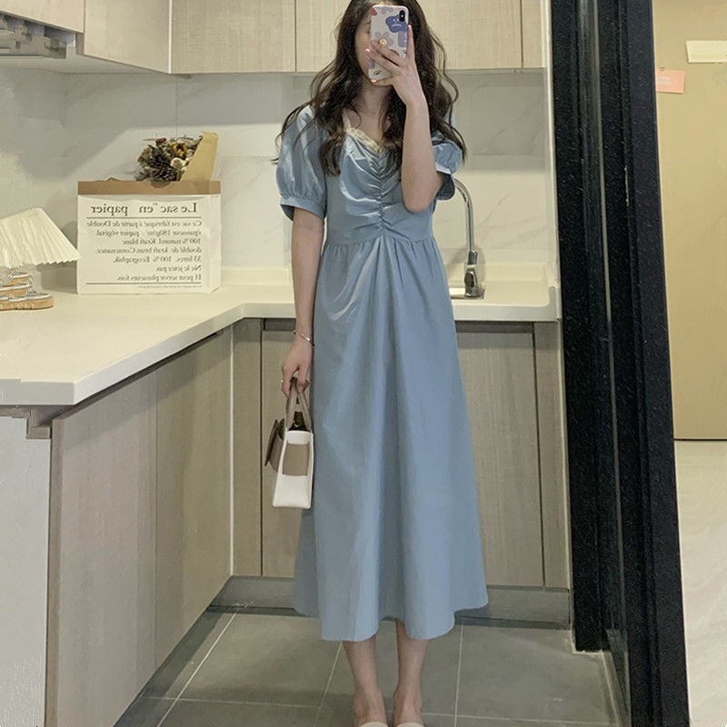 Đầm Tay Phồng Dài Phối Ren Màu Xanh Dương Phong Cách Pháp Thanh Lịch Thời Trang Mùa Hè Cho Nữ