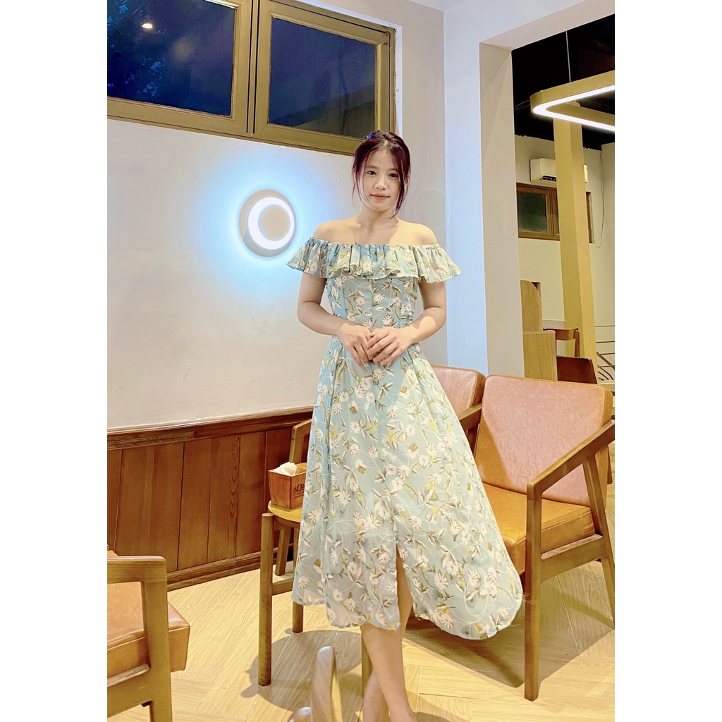 Váy trễ vai maxi, đầm hoa, đi biển, đi chơi, sang chảnh màu xanh ngọc Linstore thiết kế V17 Lins96 98.studio