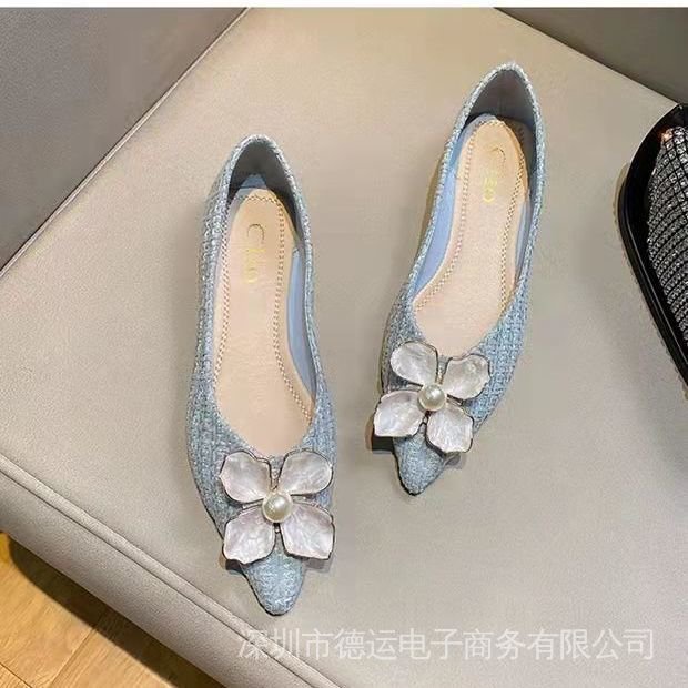 Giày Búp Bê Mũi Nhọn Đế Bằng Đính Hoa Ngọc Trai Phong Cách Pháp Thời Trang Sang Trọng Cho Nữ