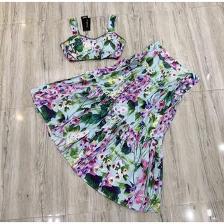 [ORDER TAOBAO](SẴN XANH ĐEN SIZE S) SET VÁY HOA CROPTOP CV XOÈ ĐI BIỂN