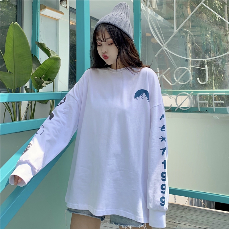 Áo sweater SUXI tay dài dáng rộng in họa tiết xinh xắn cho nữ