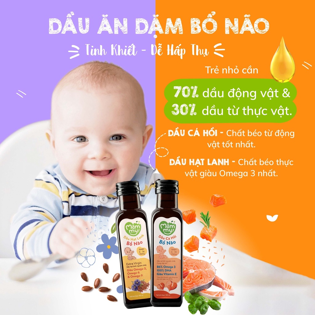 Combo 2 chai dầu cá hồi Na Uy và dầu hạt lanh hữu cơ ép lạnh Mămmy bổ não cho bé ăn dặm giàu omega 3, dha, chai 100ml