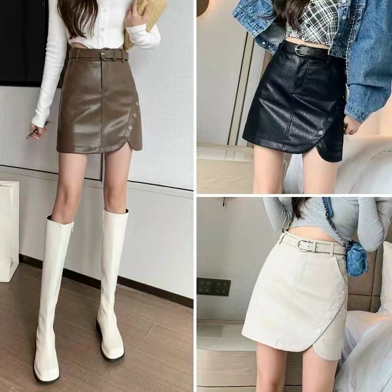 Chân váy da khuy xẻ vạt kèm đai Mã 3187