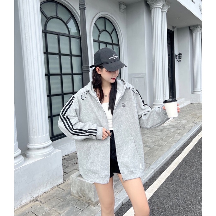 Áo Khoác Nỉ Hoodie Form Rộng Áo Có Mũ Kéo Khoá Kẻ 3 Sọc Tay Nam Nữ Dáng Thể Thao Nhiều Màu Mặc Đi Chơi Đi Làm