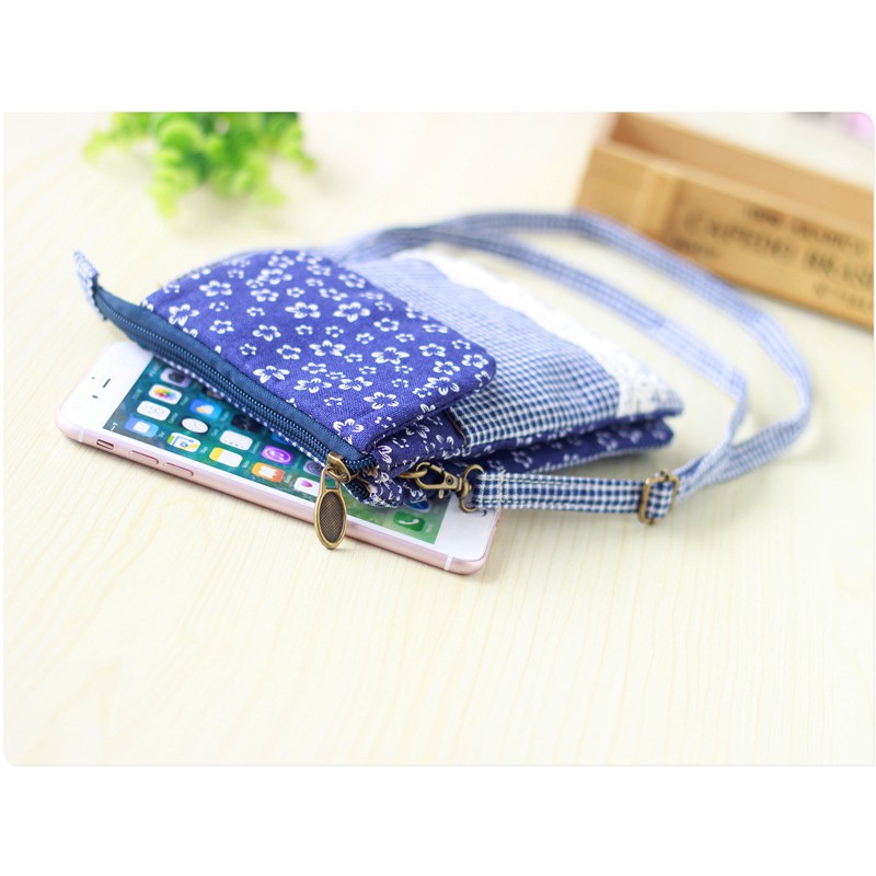 Túi Đựng Điện Thoại Bằng Vải Màu Xanh Dương Trắng Có Khóa Kéo Hai Bên Hông Và Túi Đựng Điện Thoại Di Động