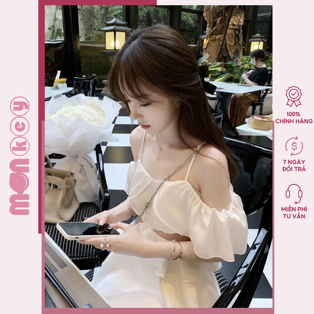 Váy trễ vai 2 dây bèo tầng đầm midi xòe ngắn tay trắng Monkeyshop
