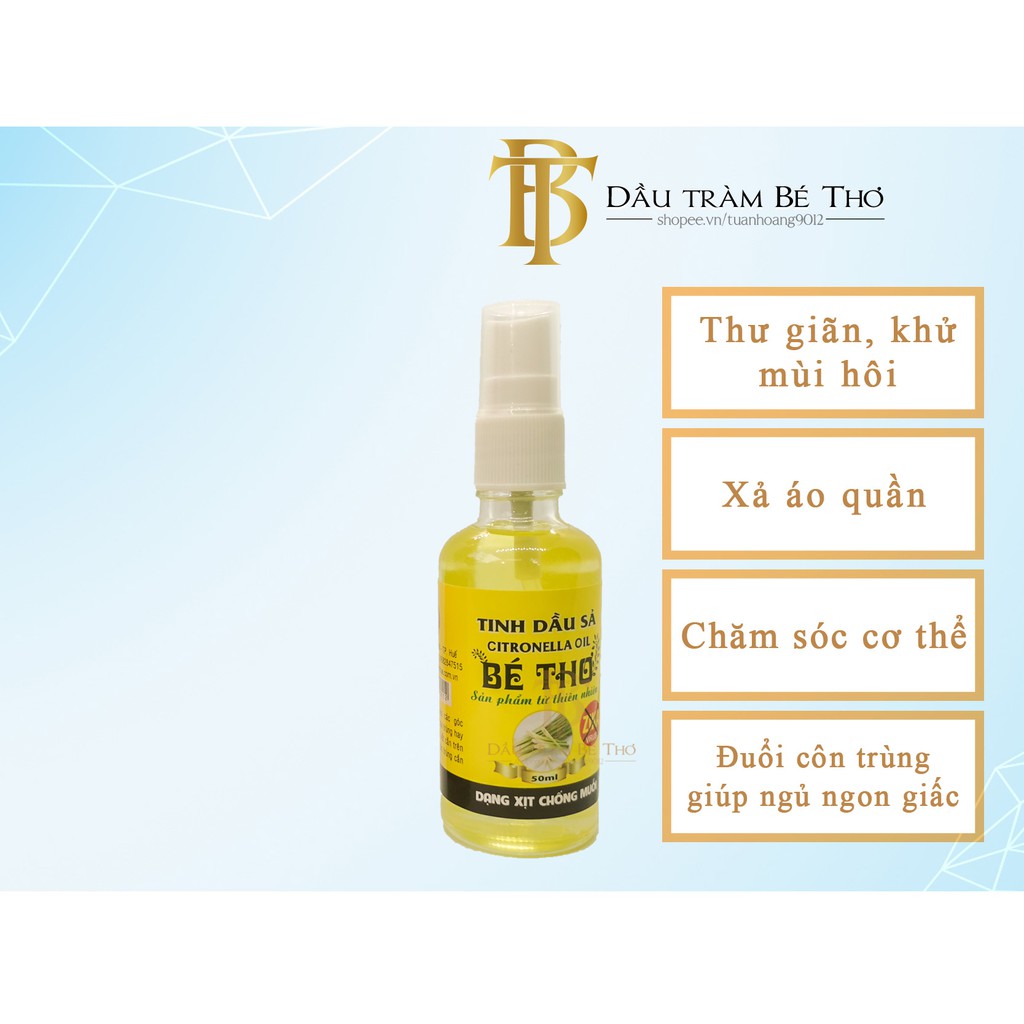 Tinh dầu Quế Tinh dầu Sả Java ( Chai xịt) Bé Thơ Huế 50ml - Đuổi muỗi-Khử mùi giúp thơm phòng-Hàng chính hãng Bé Thơ Huế