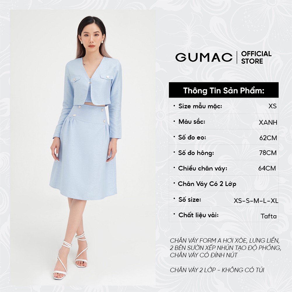 [Mã WABRGU305 giảm 15% đơn 249K] Chân váy nữ dáng dài phối nút GUMAC màu xanh trơn thanh lịch VB490