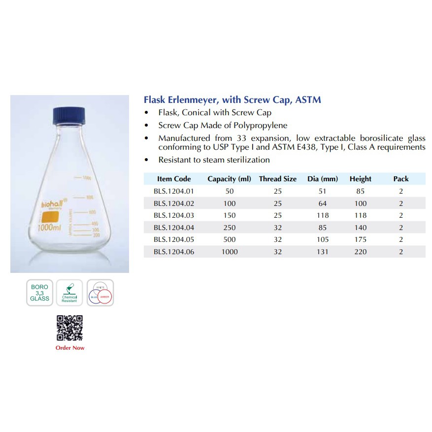 Bình nón tam giác 250-500ml Boro 3.3 Chịu nhiệt nắp vặn Biohall Germany | Flask Erlenmeyer, with Screw Cap