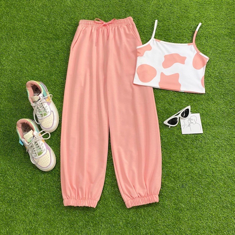 Set Jogger Basic Croptop Hai Dây Loang Màu Ảnh Thật