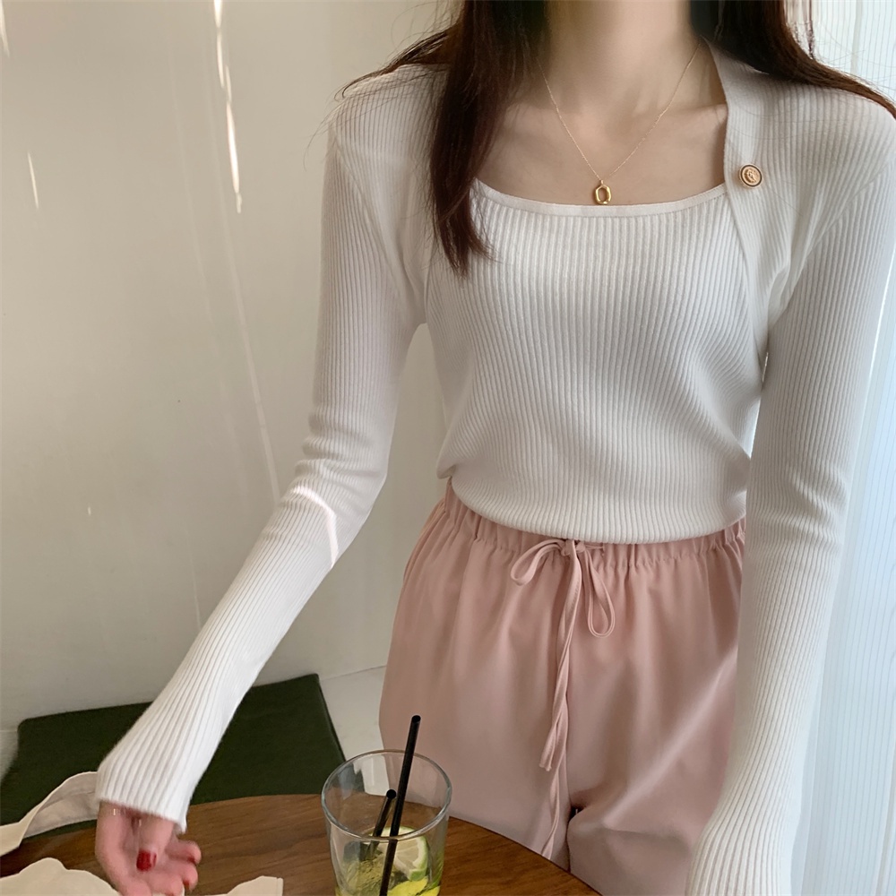 Áo sweater ZHELIHANGFEI tay dài cổ vuông hở xương quai xanh phong cách sang trọng dễ phối đồ