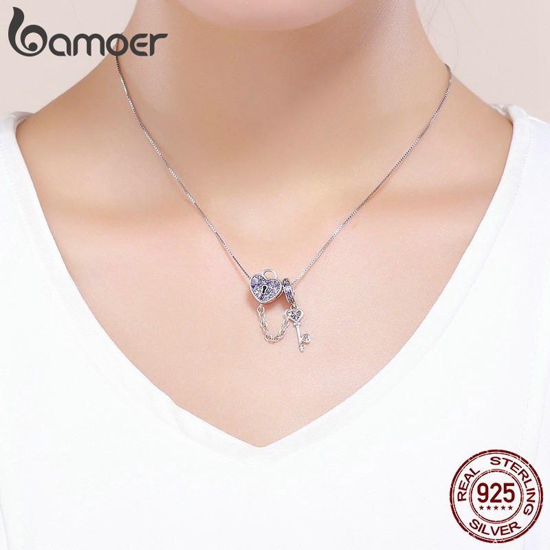 Hạt charm Bamoer hình trái tim và ổ khoá đính đá độc đáo