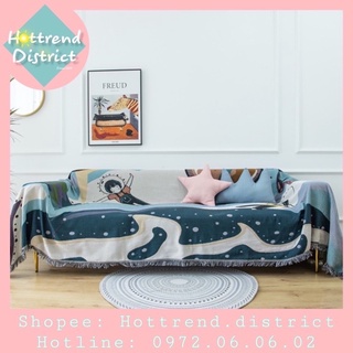 Khăn phủ sofa/ Thảm phủ ghế sofa hoạ tiết màu xanh dương, phong cách Bắc Âu