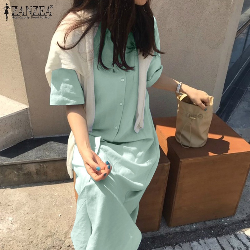 Đầm dài ZANZEA xẻ tà cổ bẻ gài nút tay lỡ thời trang cho nữ