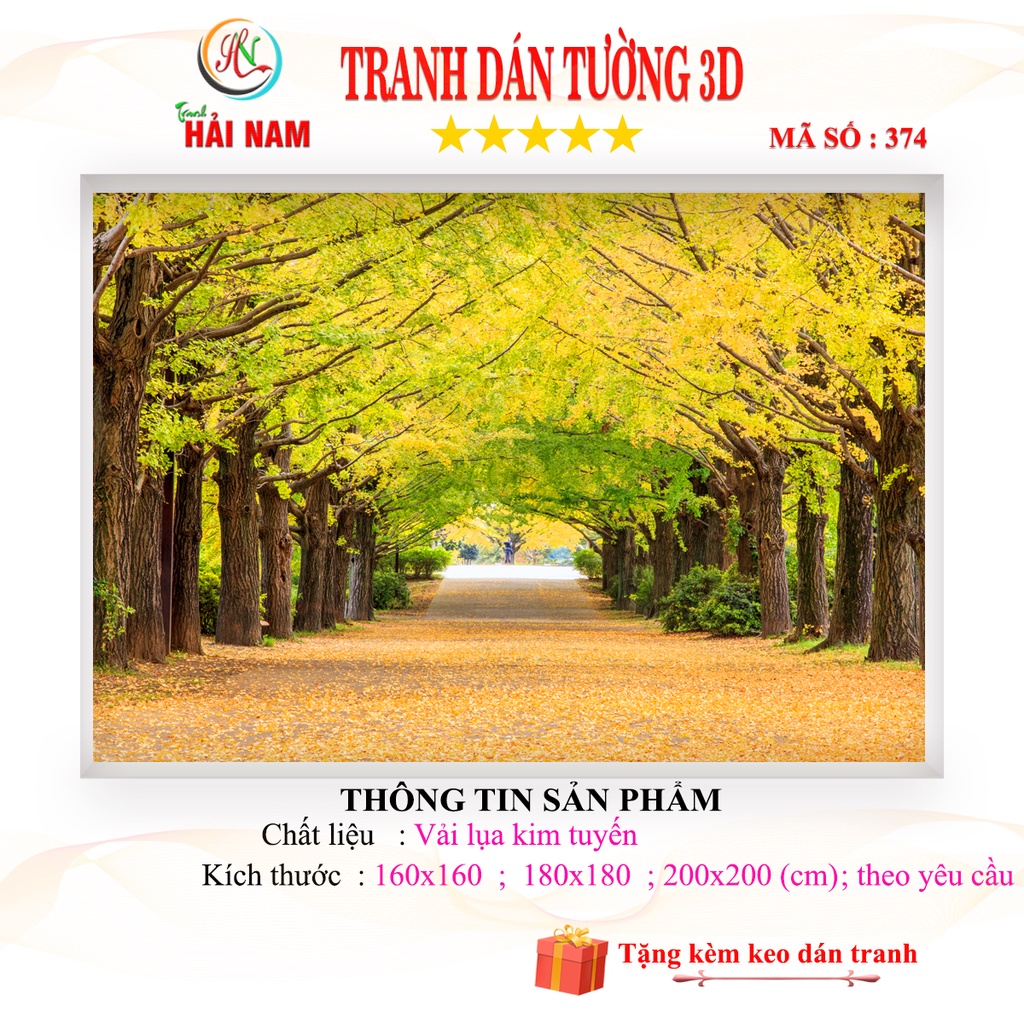 Tranh dán tường 3D mùa thu vàng - con đường hàng cây lá vàng - vải lụa kim tuyến