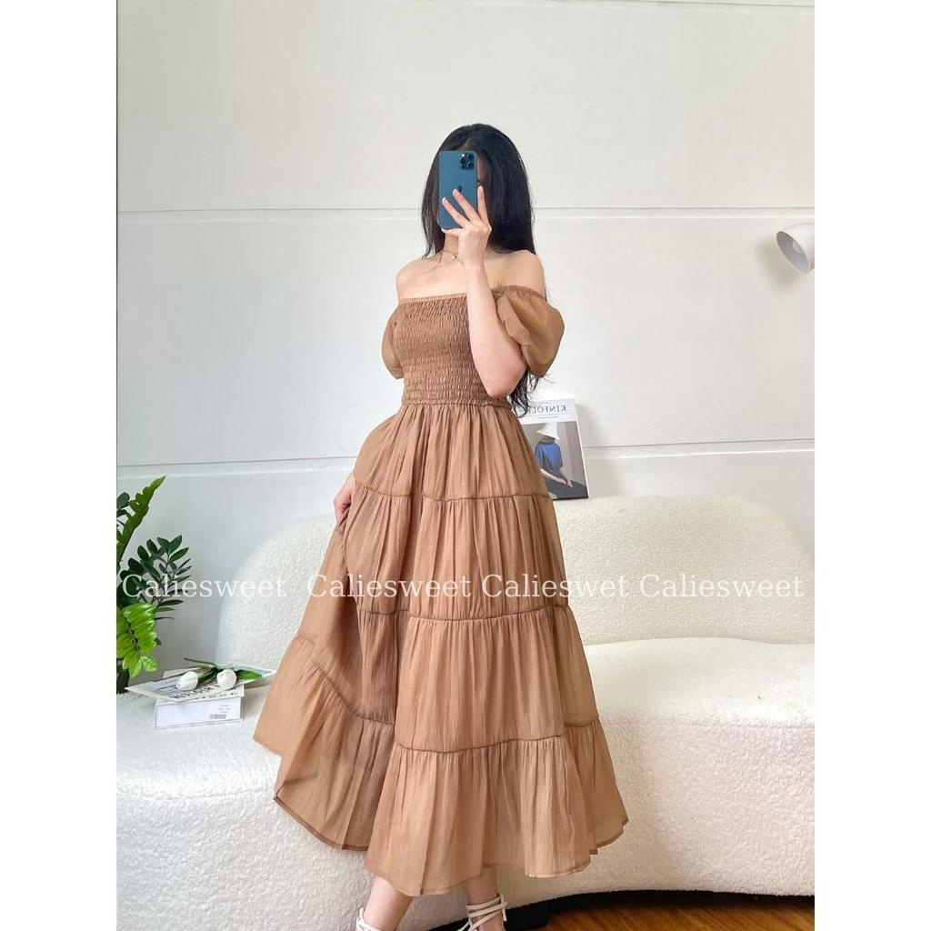 Váy maxi tay bồng Caliesweet váy maxi cổ vuông 2 lớp tôn dáng phong cách điệu đà