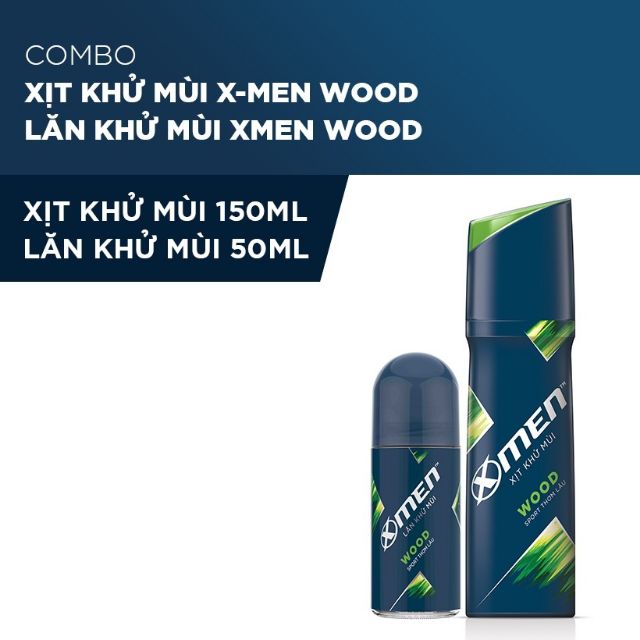 Combo Xịt khử mùi X-men Wood 150ml + Lăn khử mùi X- men Wood 50ml