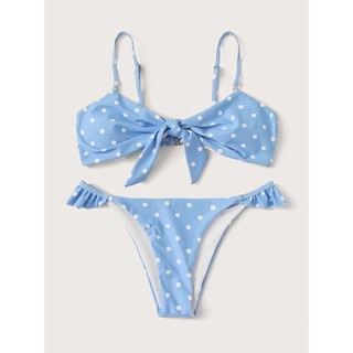 [BKN536] SET BIKINI CHẤM BI NƠ NGỰC MÀU XANH