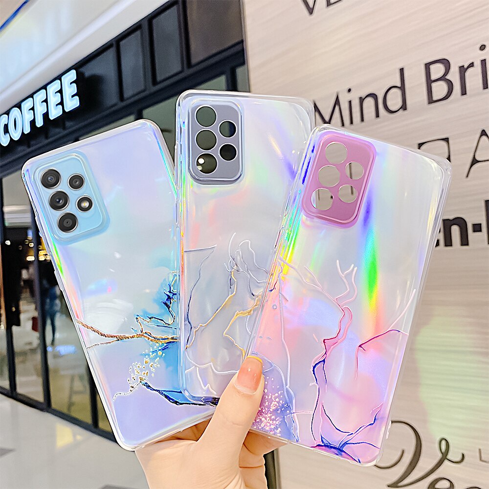 Ốp điện thoại mềm trong suốt in đá hoa cương màu laser cho Samsung Galaxy A52 A72 A32 5G A22 A12 A82 S21 Plus