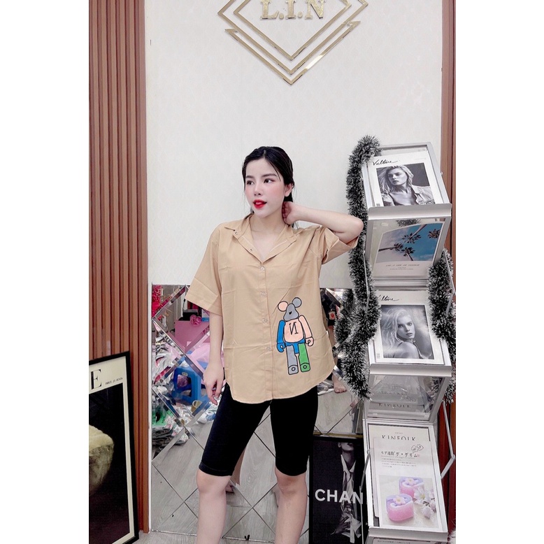 Set áo sơ mi from rộng quần thun ngố in hình gấu, set bộ lửng gấu, bộ đồ mặc nhà, đi chơi thoải mái, trẻ trung(ảnh thật)