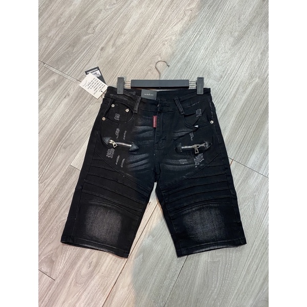 Quần short ngố rách vân vá da, quần sooc đen trơn rách , Bin Store