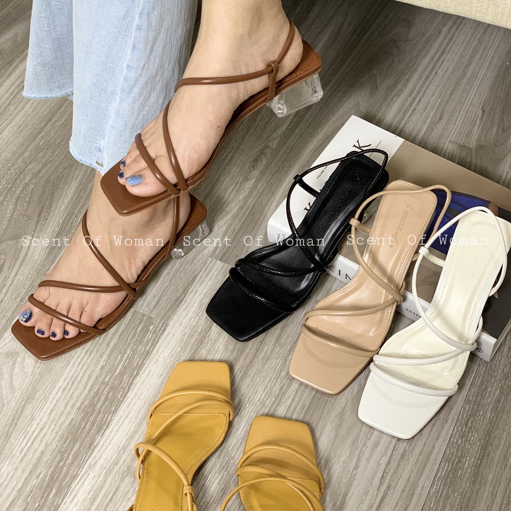 Giày sandal cao gót mũi vuông phối dây gót vuông trong suốt cao 3cm