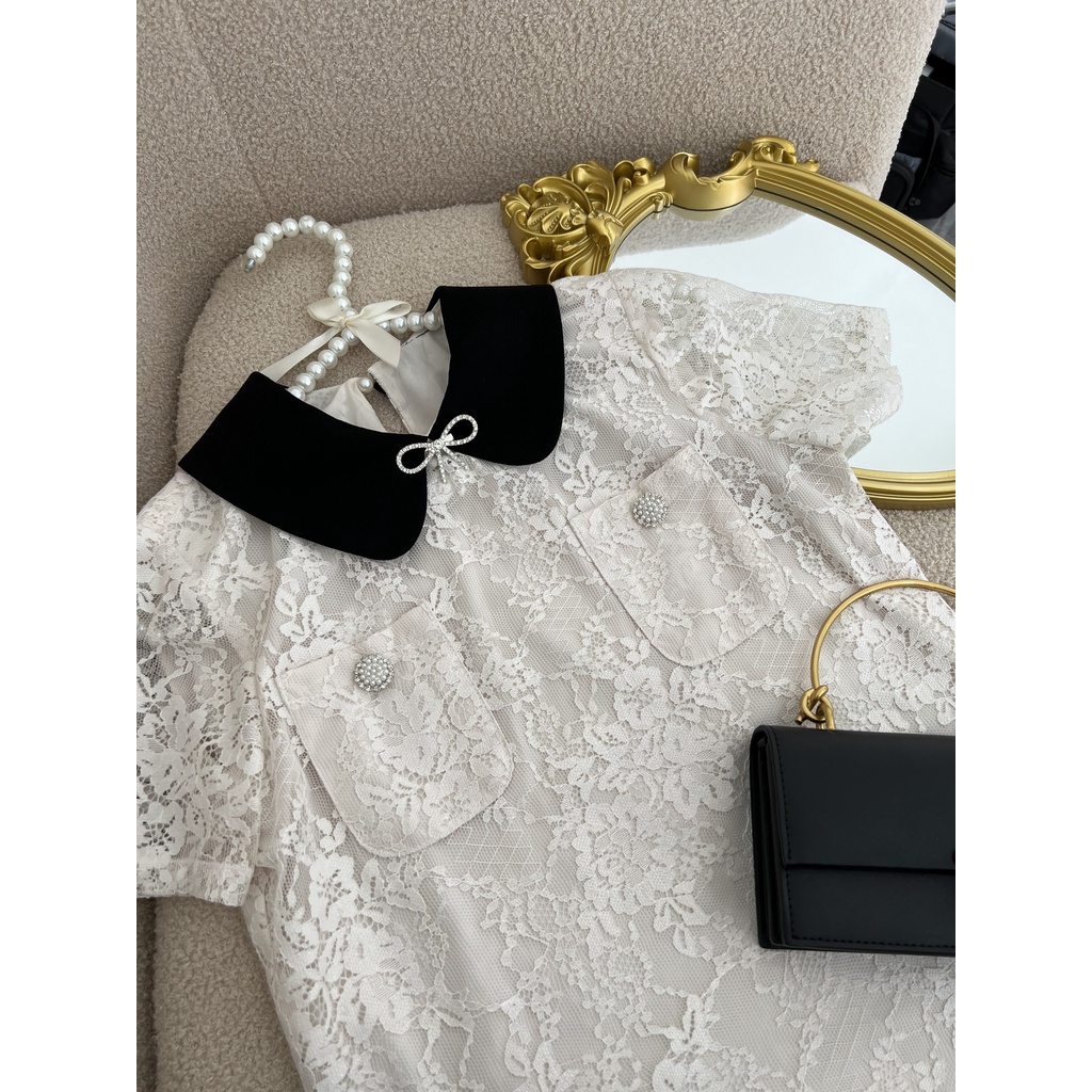 Áo tiểu thư, cổ đen nơ đá và khuy đá túi, MOO Design- ARMD8