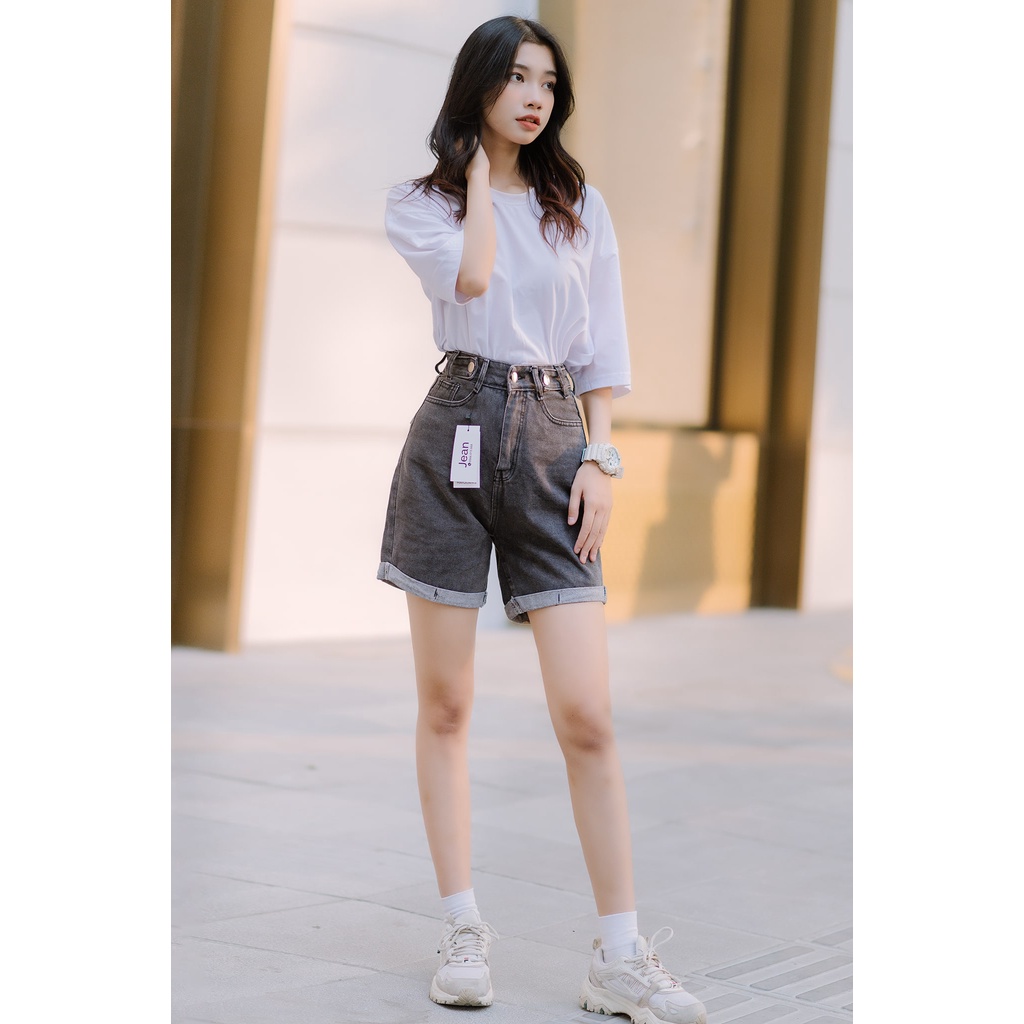 QUẦN SHORT JEAN QUẦN SOOC JEAN CẠP CAO HAIQUANG CHUN LƯNG ĐAI LƯNG ỐNG RỘNG MÀU ĐEN XÁM -MÃ SHORT 11