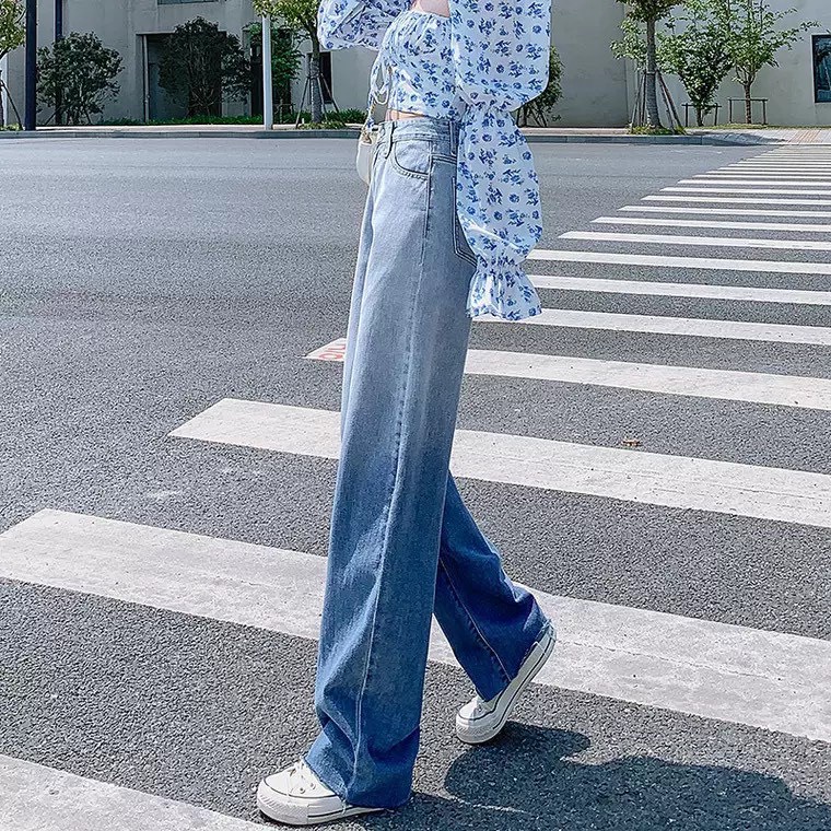 Quần Jeans Nữ Ống Rộng Loang Màu Xanh và Xám Chất Bò Dày Dặn Phong Cách Hàn Quốc Dài 100cm Trơn Và Rách 450 301