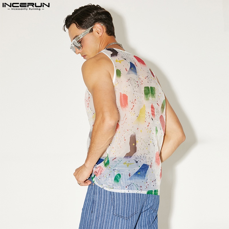 Áo ba lỗ INCERUN cổ tròn in họa tiết nhiều màu thời trang mùa hè cho nam