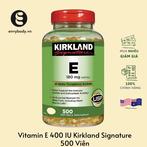 Vitamin E 400 IU Kirkland Signature tổng hợp trắng da săn chắc da giảm mụn lão hóa cấp ẩm cho da Của Mỹ 500 Viên