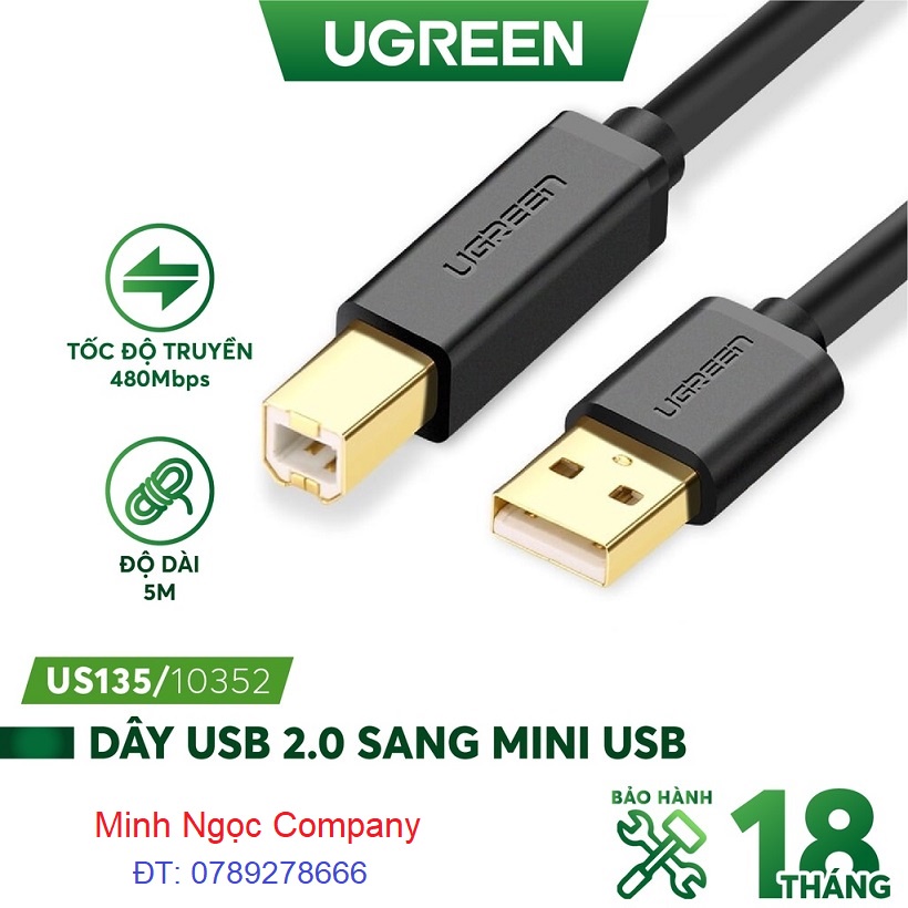 Dây máy in USB 2.0 chuẩn A đực sang chuẩn B đực, dài từ 1-5m UGREEN US135 - Hàng Chính Hãng