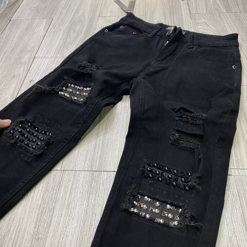 Quần bò biker Amiri rách đinh trắng đen siêu chất 2373, quần jean rách gối vá đinh thời trang, Bin Store