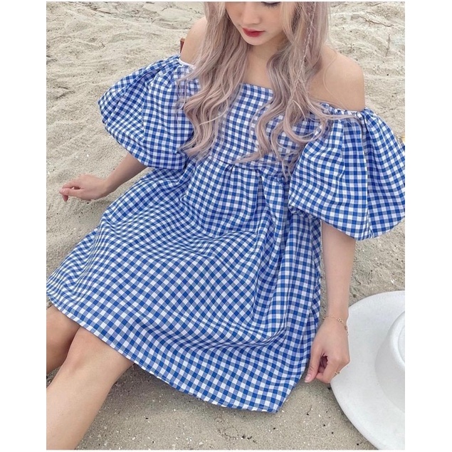 Đầm Babydoll caro Màu Xanh Tươi Mát Tay Phồng