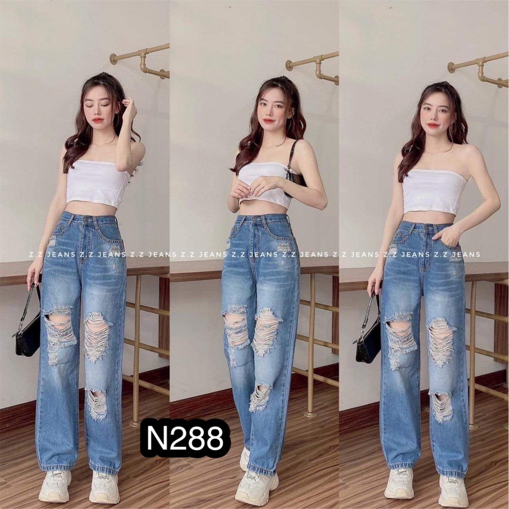 Quần Jean Nữ Ống Rộng Cạp Cao Rách Gối Dáng Suông Chất Bò Dày Dặn Phong Cách Ulzzang Hàn Quốc 288 jean rách jean bò
