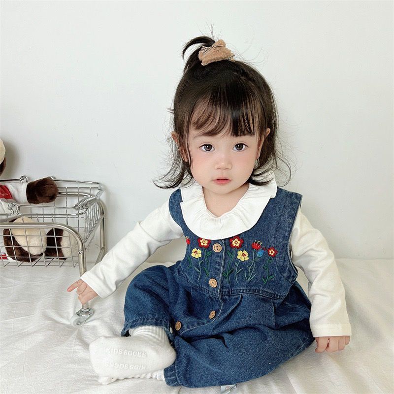 Bộ Áo Khoác Denim Dáng Rộng + Quần Yếm Denim Thời Trang Mùa Thu Hàn Quốc Cho Bé Gái