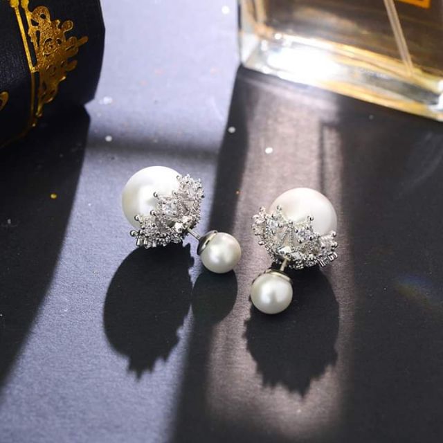 Bông tai 2 hạt châu trắng