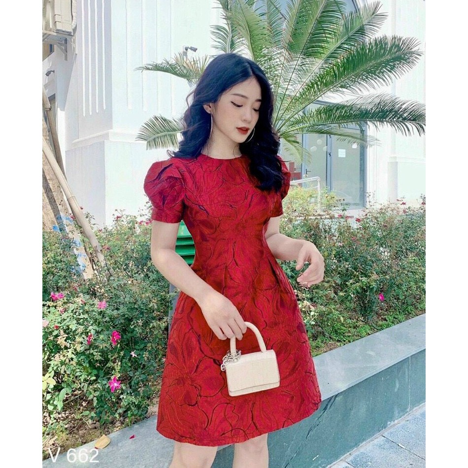 [Mã WAMT1505 giảm 10K đơn 0K] [Đầm Mới] Đầm Nữ Dự Tiệc Gấm Hoa Tay Phồng Cao Cấp | BigBuy360 - bigbuy360.vn