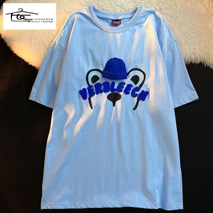 Áo Thun Ngắn Tay Dáng Rộng Thêu Hình Gấu Kiểu Hàn Quốc Thời Trang Mùa Hè Cho Các Cặp Đôi