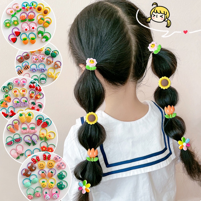 Set 10 Dây Cột Tóc Cao Su Đính Hình Trái Cây Xinh Xắn Giá Đỡ