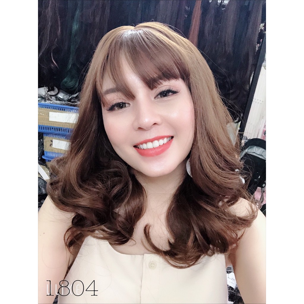 Tóc giả nữ nguyên đầu xoăn ngang vai, tóc bộ cả đầu mái thưa hàn quốc