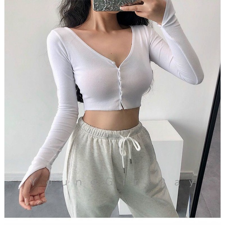 Áo Kiểu Croptop Tay dài BODY Chất Borip Lụa Mịn Mát, Freesize 53kg