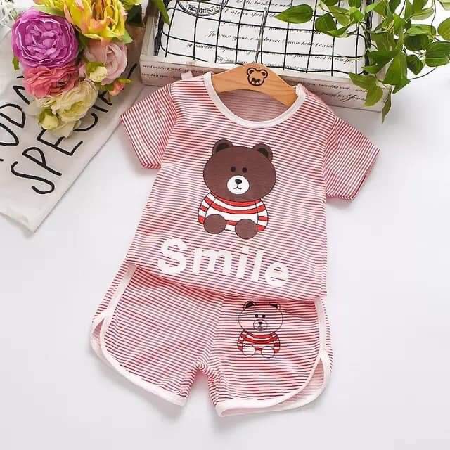 Bộ hè cotton kẻ ngang in hình ngộ nghĩnh cho bé gái 8-18kg