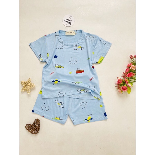 Bộ Đồ Áo Cộc Tay Thun Lạnh Minky Mom Hoạ Tiết Ô Tô, Gà Con, Chuột Micky, Voi Con Cho Bé Trai, Bé Gái - 5 màu