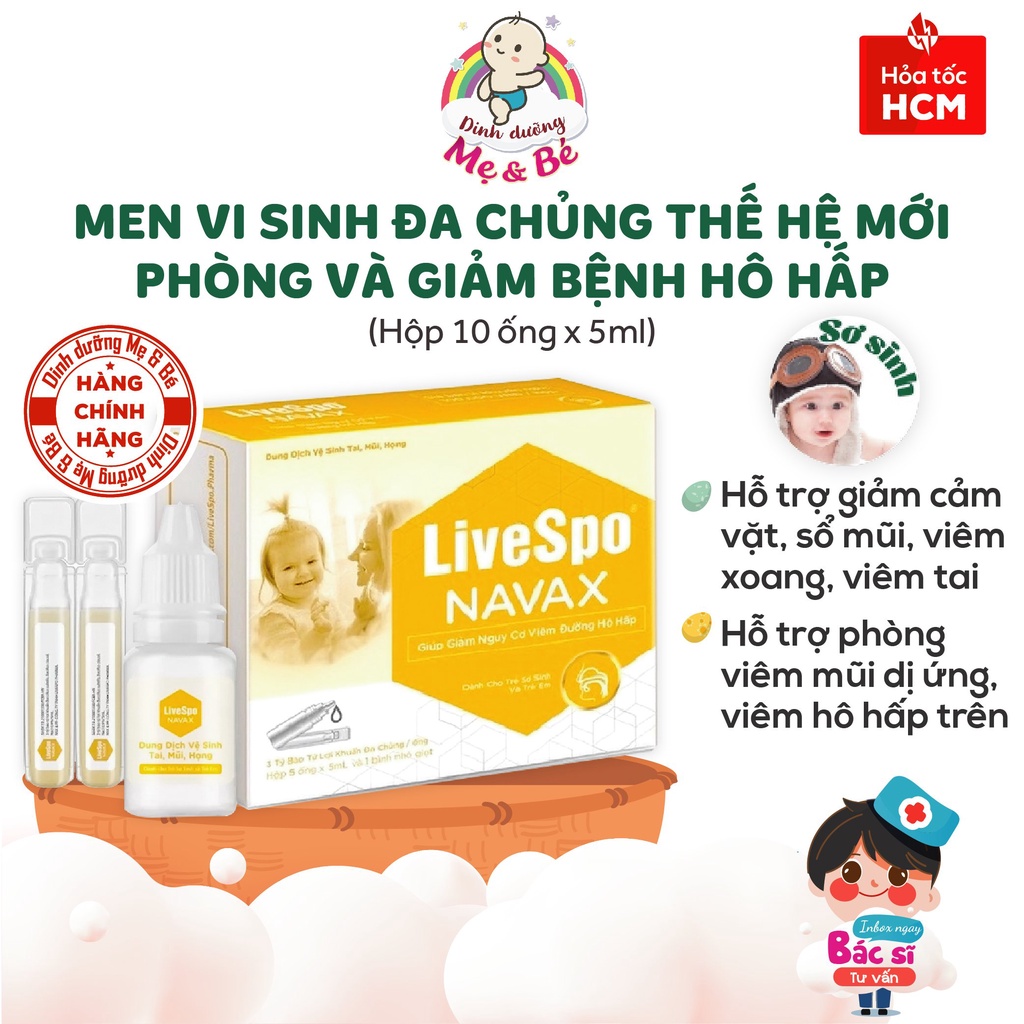 Nước muối sinh lý bào tử lợi khuẩn LiveSpo Navax Kids phòng bệnh tai mũi họng, cho bé từ sơ sinh (5 ống+Bình nhỏ giọt)