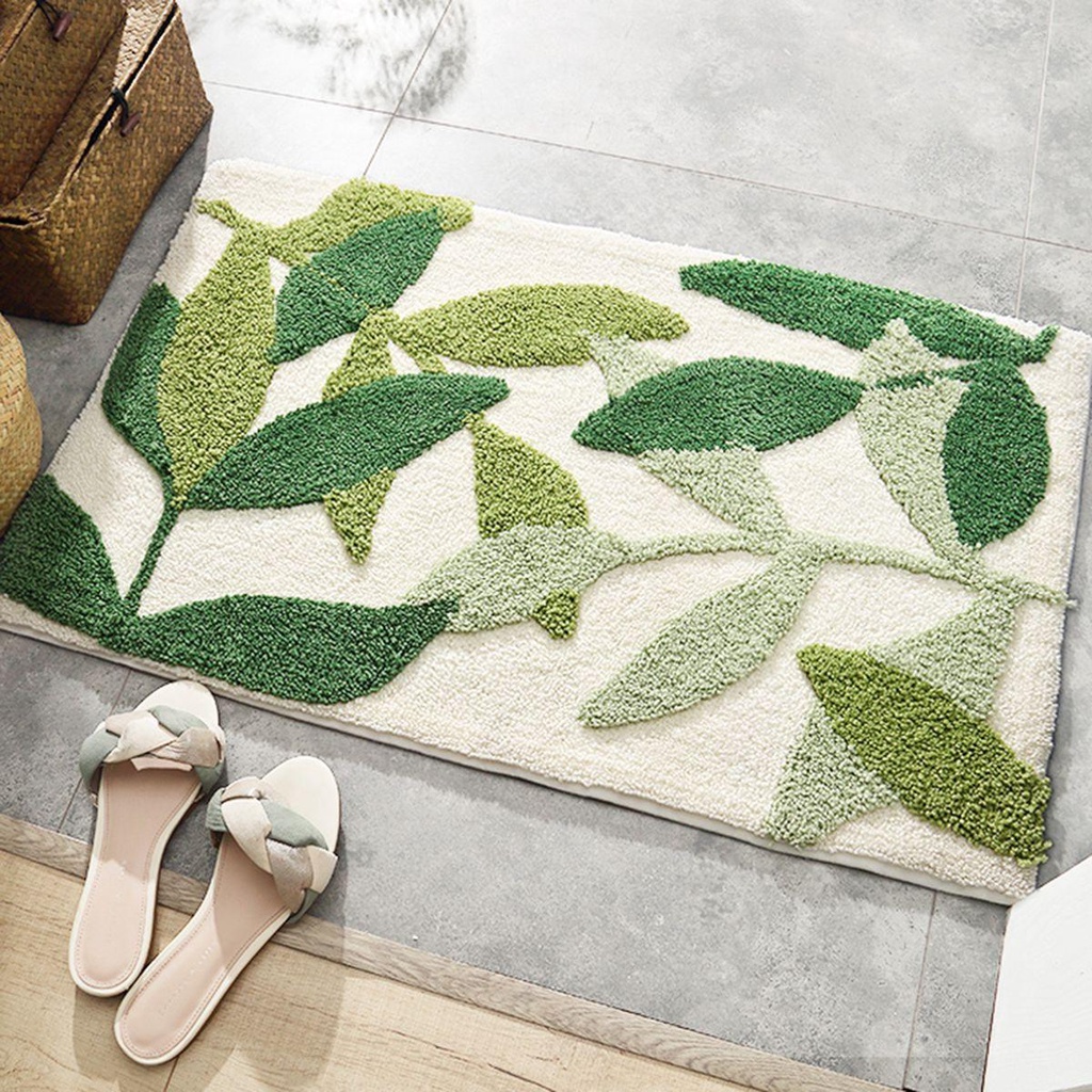 Thảm Lót Sàn Nhà Tắm Bằng Sợi Microfiber Siêu Thấm Hút Chống Trượt Họa Tiết Lá Xanh