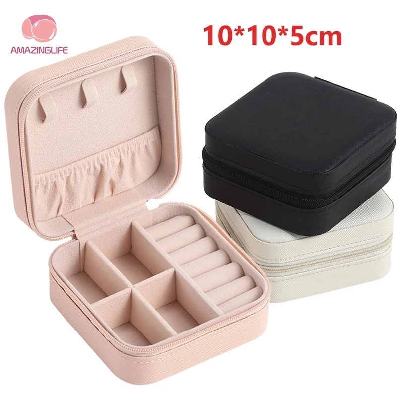 [Amazinglife] Hộp Đựng Trang Sức Bằng Da PU Màu Trơn Có Khóa Kéo Tiện Lợi