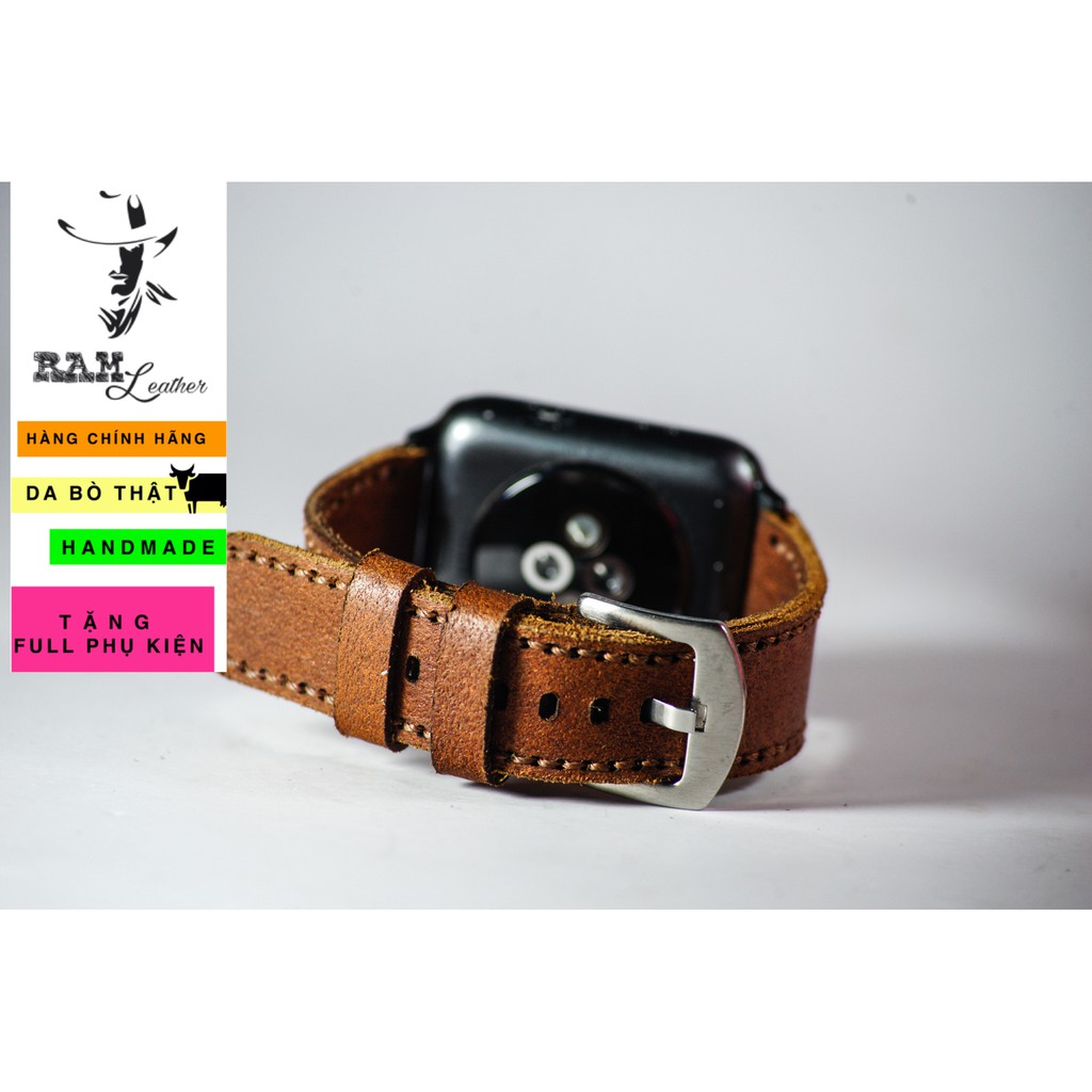 Dây apple watch da bò thật RAM Leather buttero nâu đỏ handmade bền chắc cực đẹp- Tặng khóa chốt và adapter