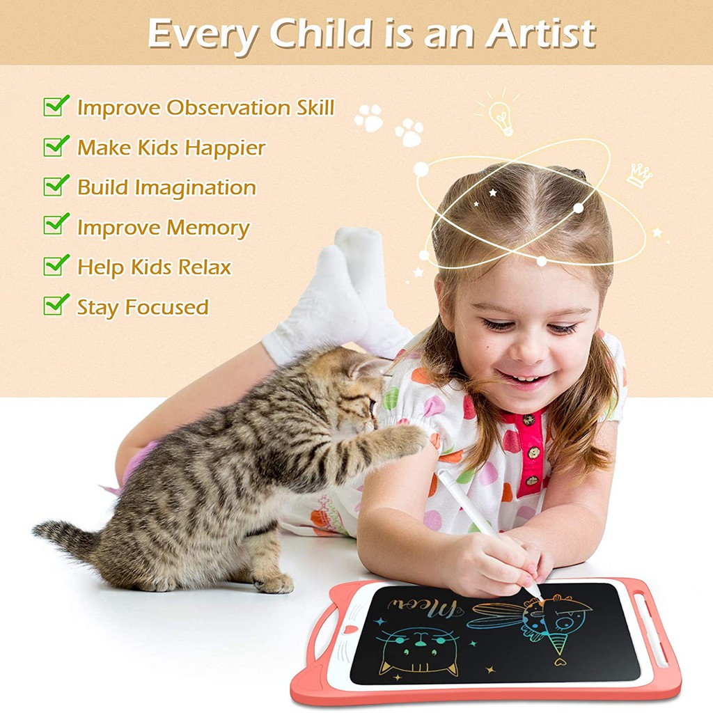 Jasonwell Bảng viết / vẽ điện tử thông minh tự xóa 12 "màn hình LCD Bảng viết trẻ em hình mèo dễ thương nhiều màu